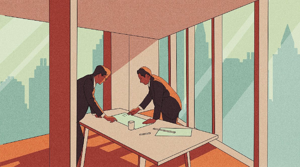 Illustration: planning at a table, city beyond
