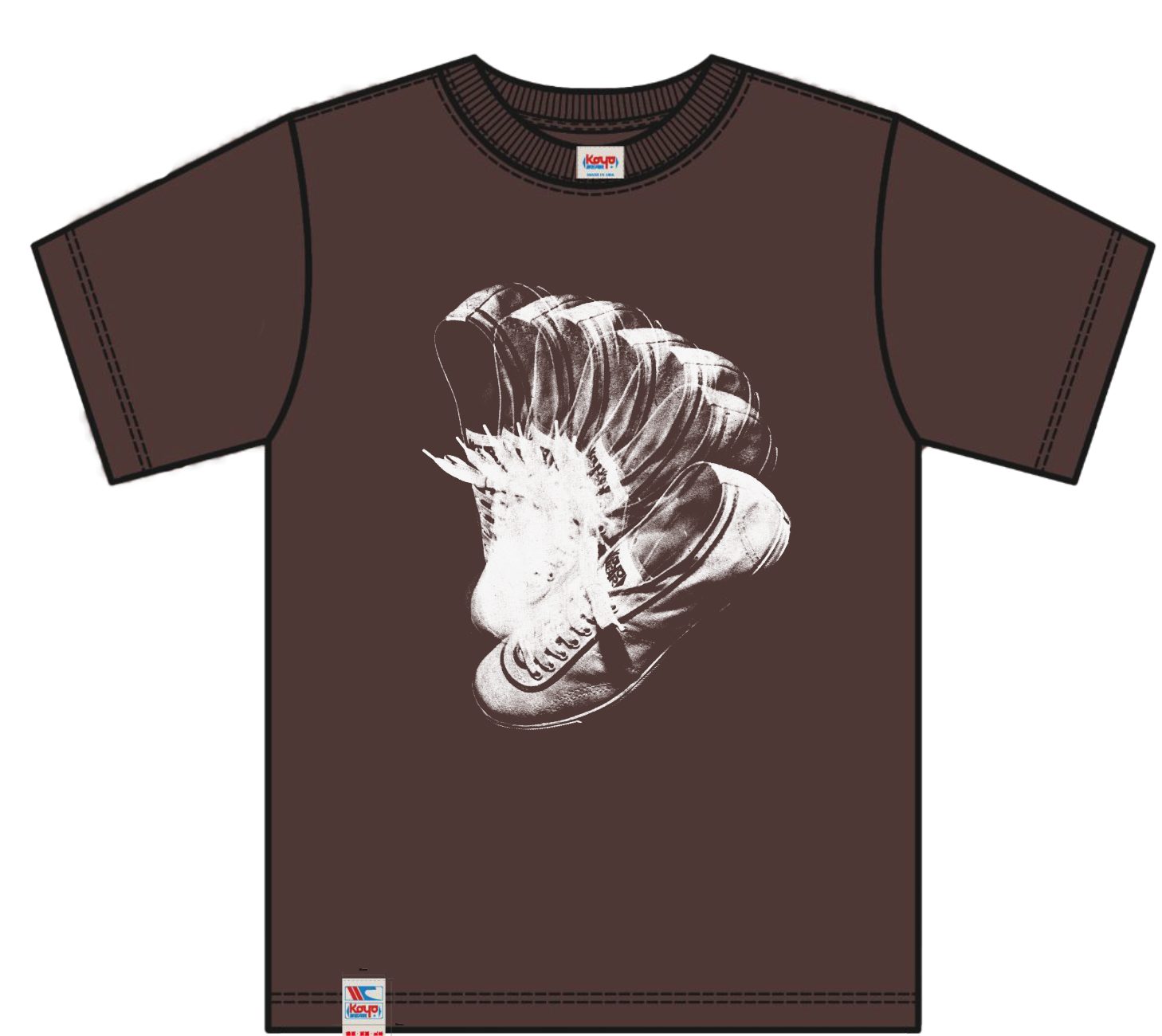 Brown tee, shoe graphic